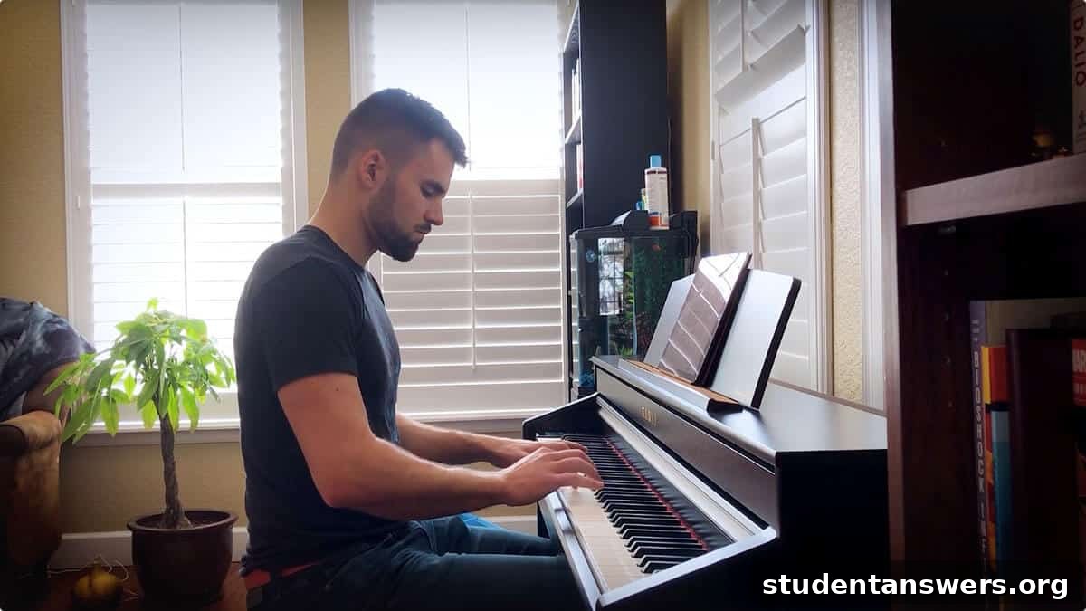 A person playing the piano, an activity requiring intense focus and single-tasking.