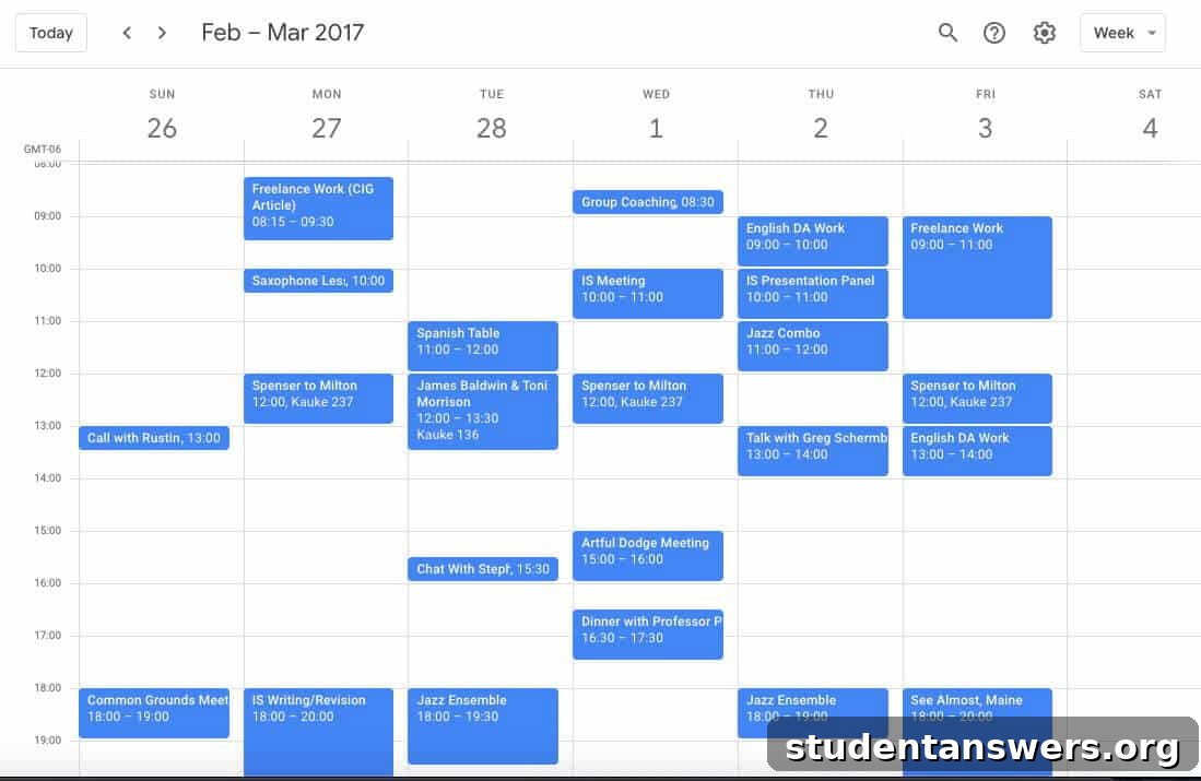 An example of a well-organized weekly schedule on Google Calendar for a college student.