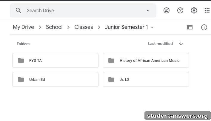 A screenshot showing an organized file folder structure in Google Drive for different college courses.