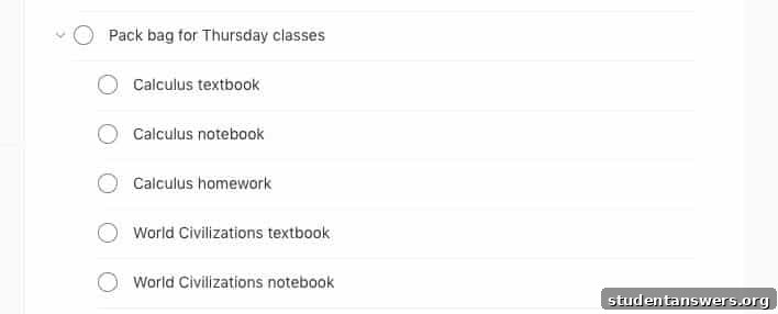 A checklist in the Todoist app for packing a backpack for college classes.