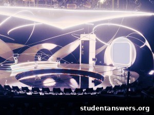 A wide-angle view of the Pointless studio set from the audience's perspective, with the main screens still powered off.