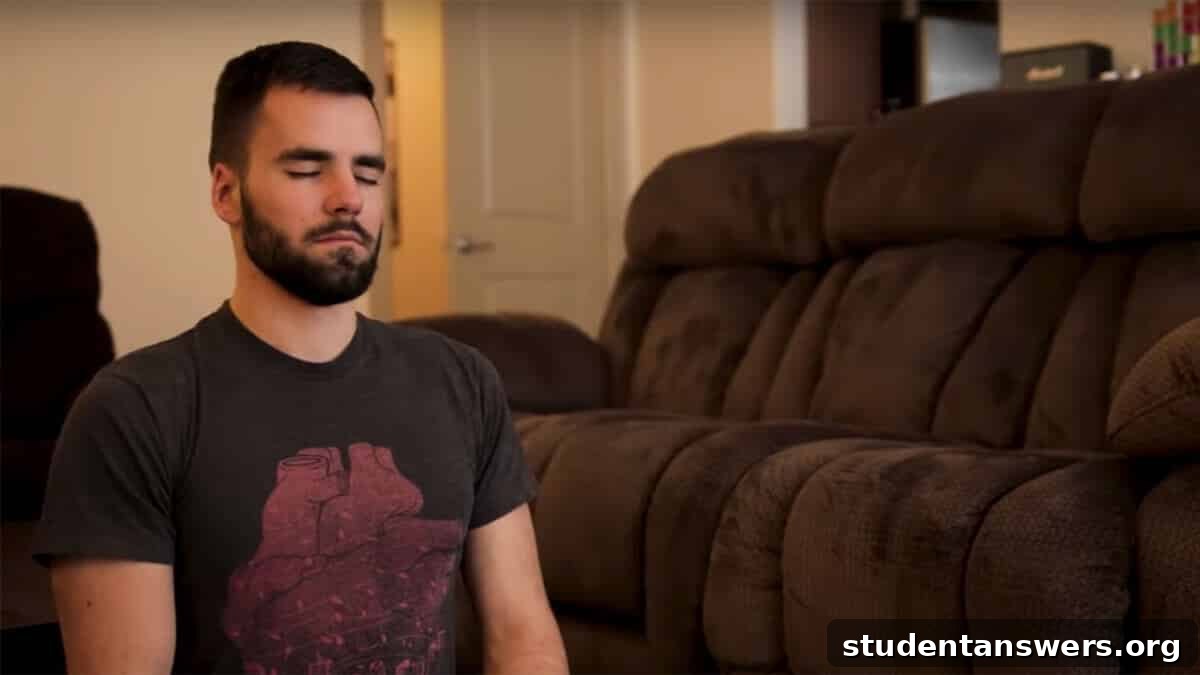 A bearded man meditating on the floor in a living room setting