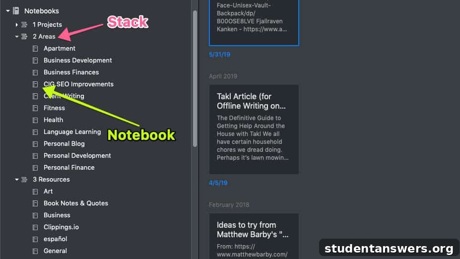 Evernote interface showing organized notebooks and stacks for projects.