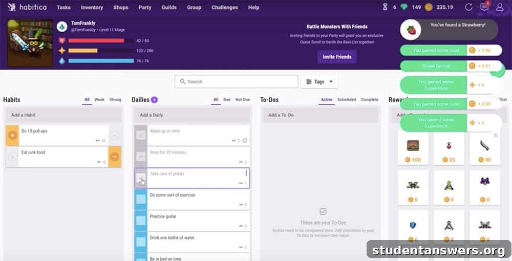 The dashboard of Habitica, which gamifies habit tracking with a role-playing game interface.