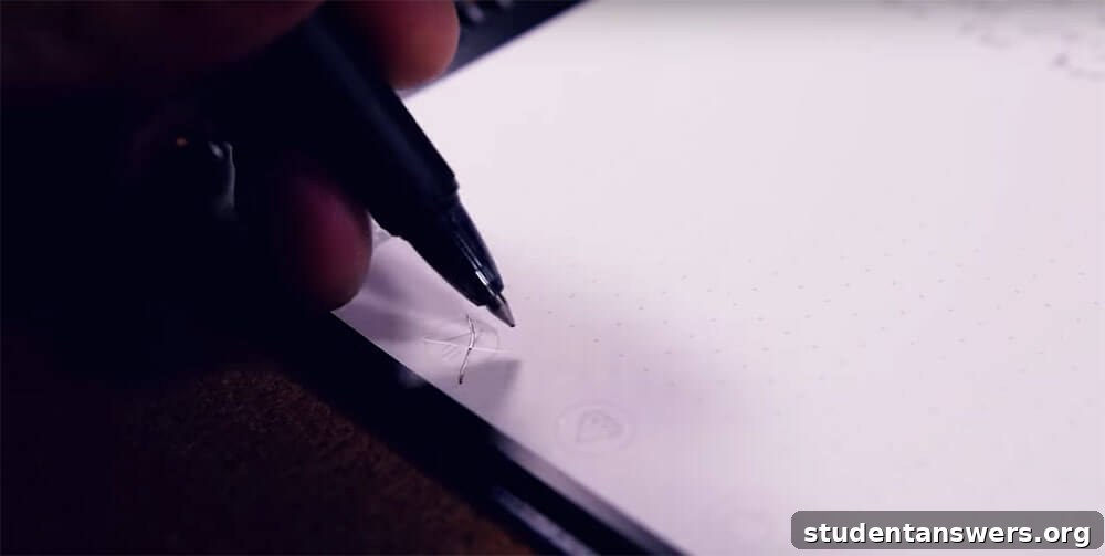 A hand marking an icon on the Rocketbook page with a FriXion pen