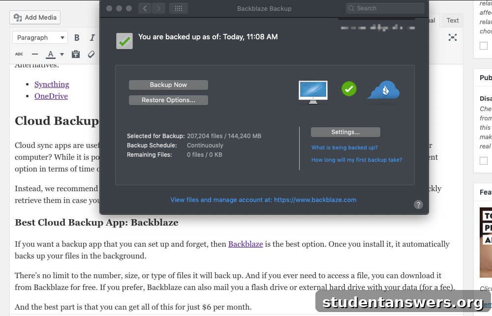 The Backblaze application showing files being backed up to the cloud