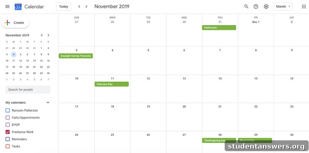A weekly schedule laid out in Google Calendar