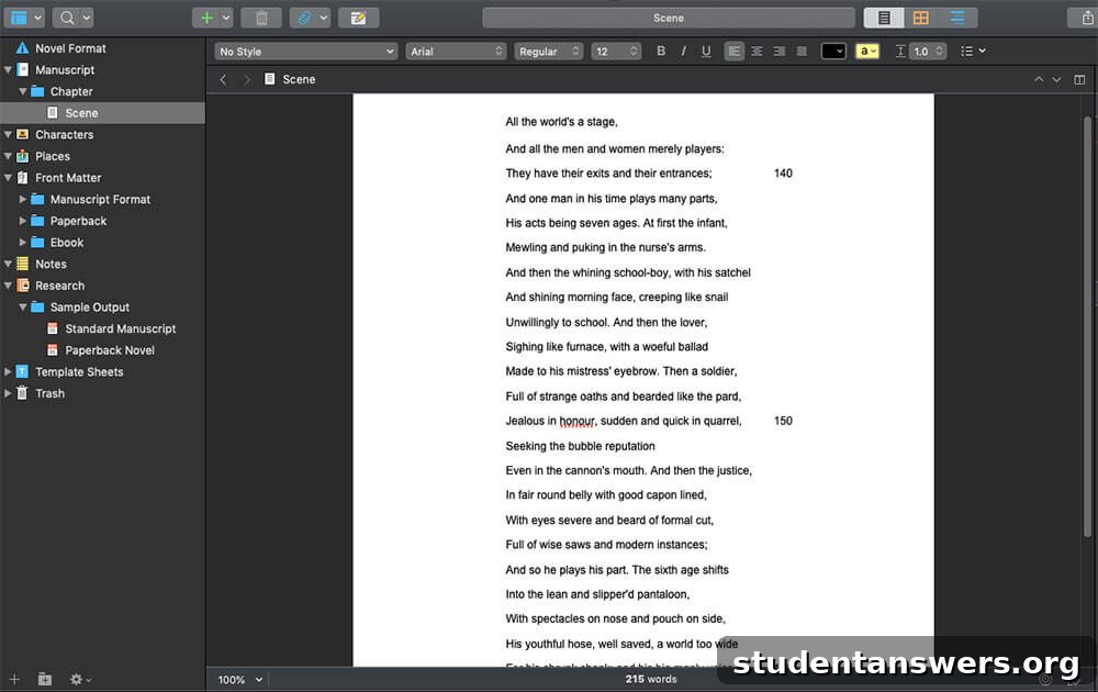 The interface of Scrivener, showing a manuscript broken into chapters and scenes