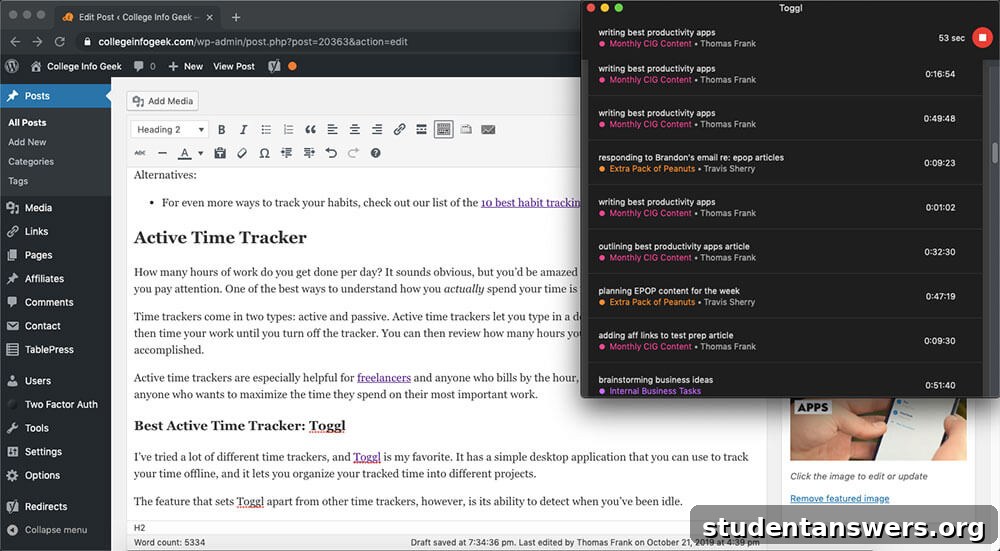 The Toggl time tracker desktop app showing a running timer