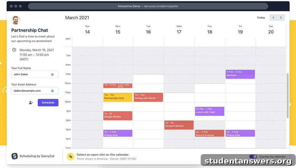 A user scheduling a meeting in SavvyCal, overlaying their own calendar to find a time.