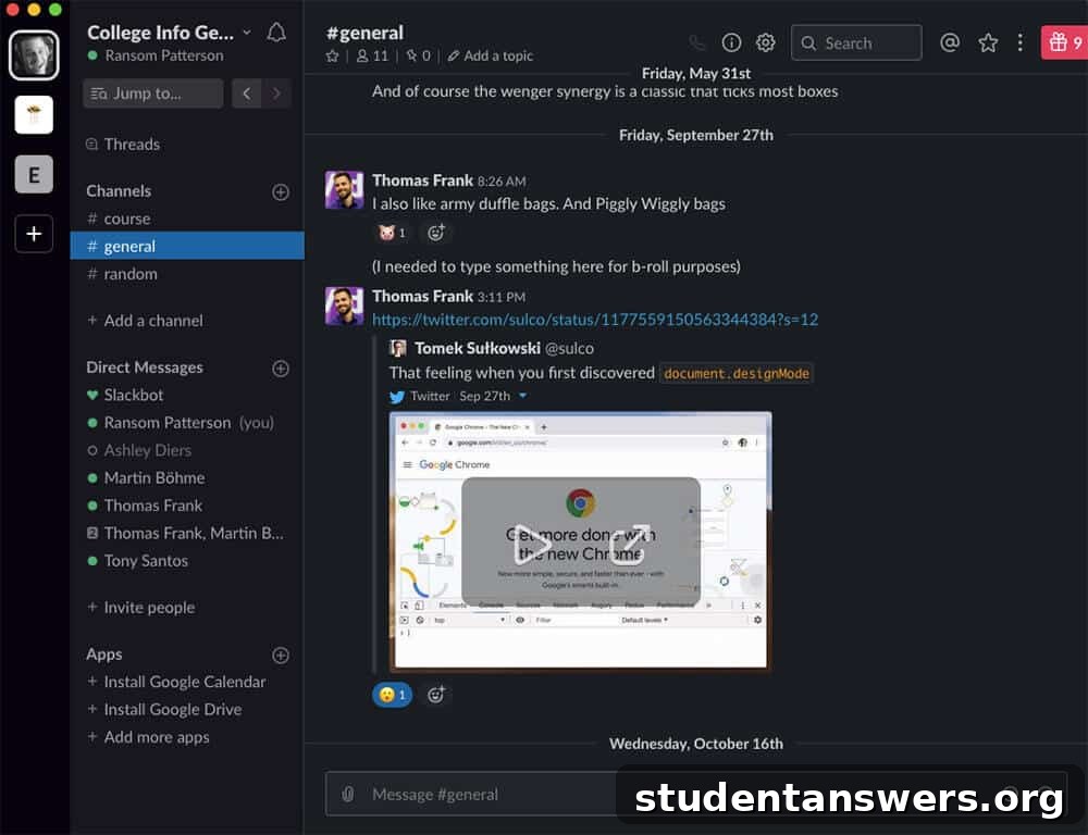 The Slack communication platform showing organized channels for a team project