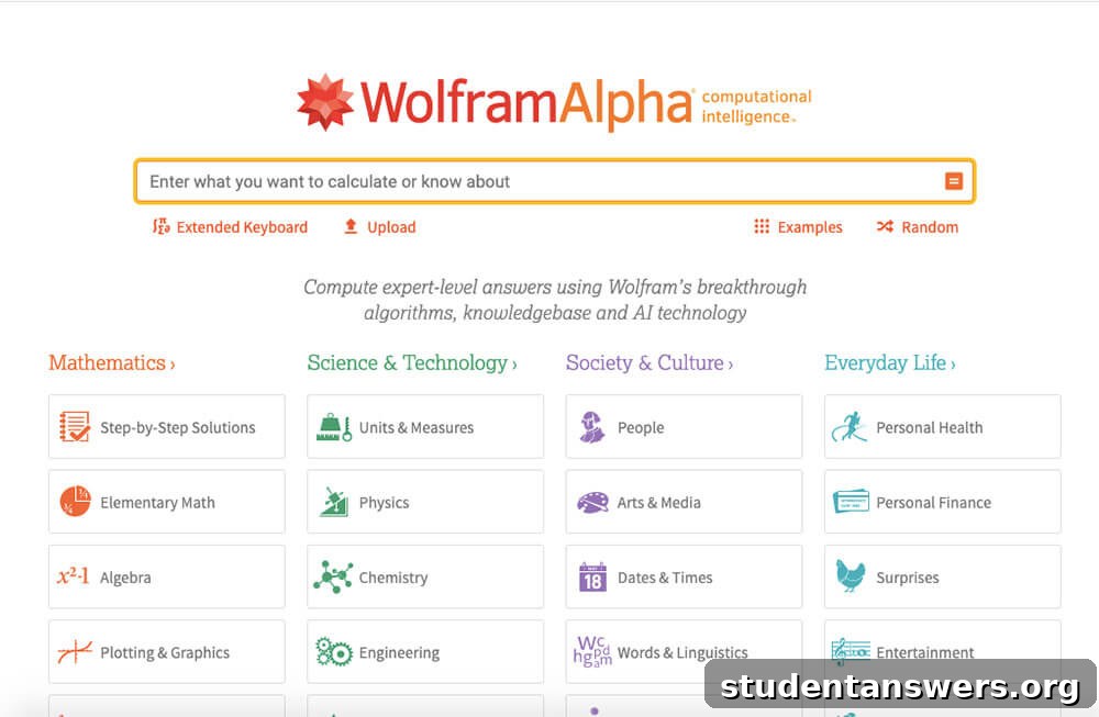 Wolfram Alpha computational knowledge engine demonstrating a complex math solution