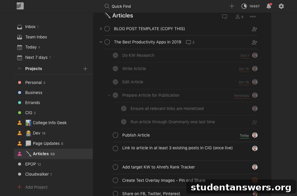 The Todoist app showcasing a prioritized to-do list for a student's day
