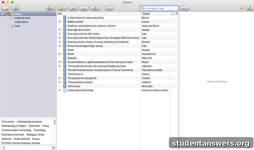 The Zotero reference manager application organizing academic sources for a research paper
