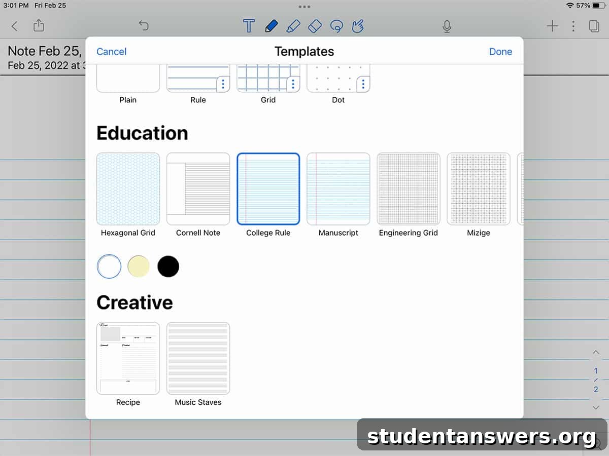 Choosing a note template in Notability