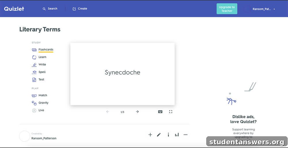 The user interface of the Quizlet app showing different study modes