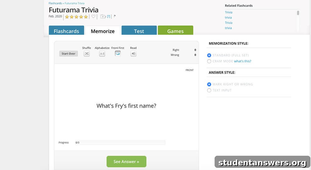 The user interface of the Cram.com flashcard website