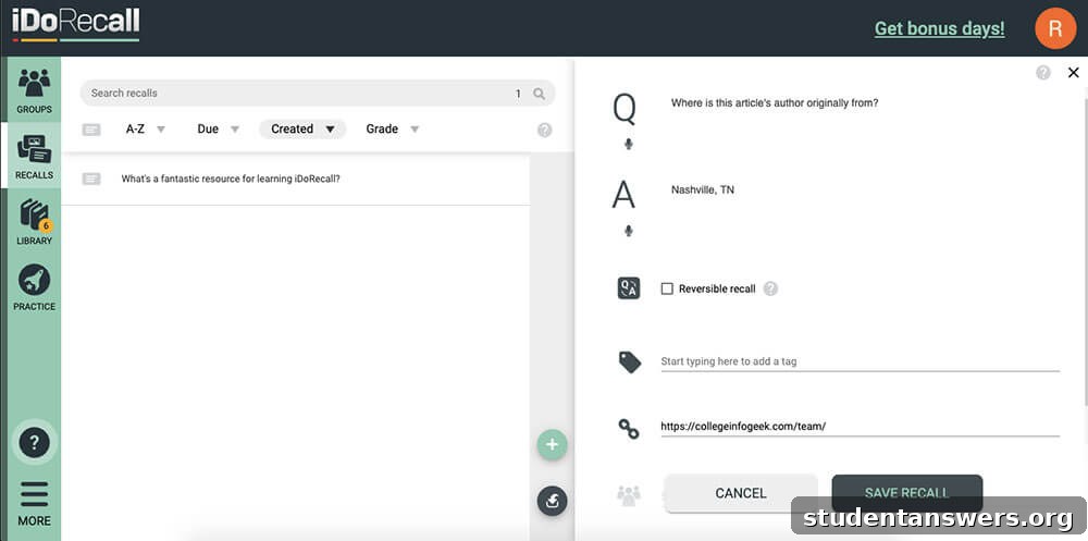 Creating a flashcard directly from a PDF in the IDoRecall app
