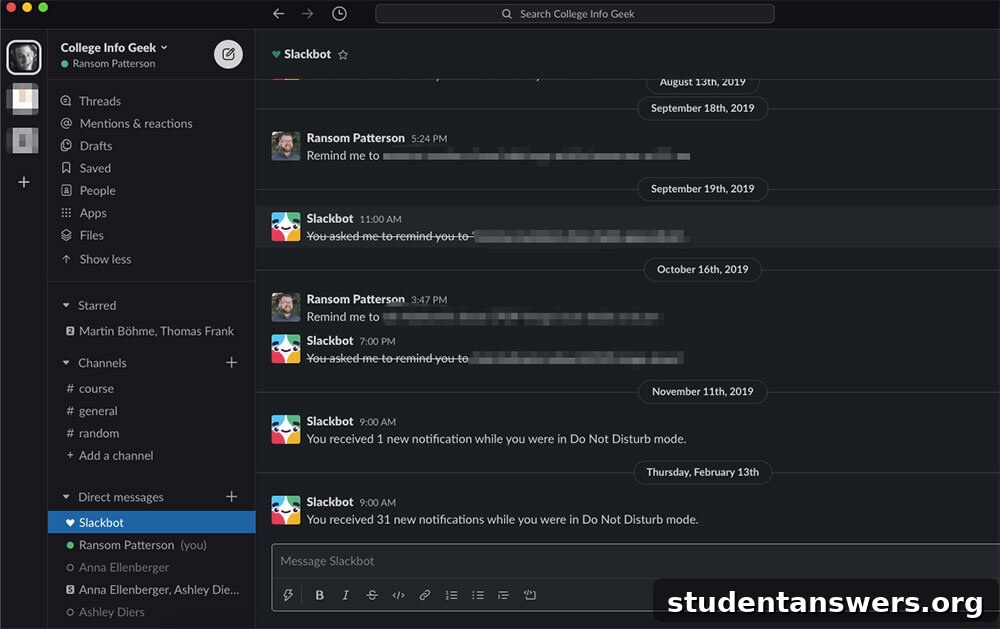 The user interface of the Slack team chat app, showing channels and conversations on desktop.