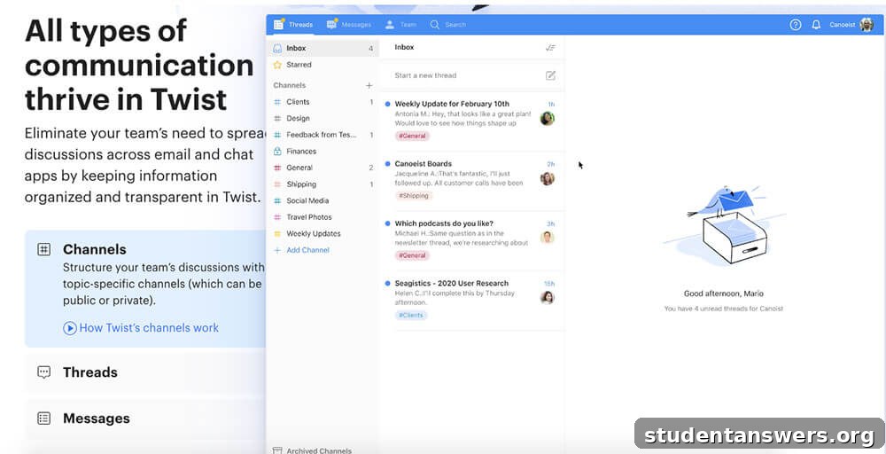 The interface of the Twist app, designed for asynchronous team communication.