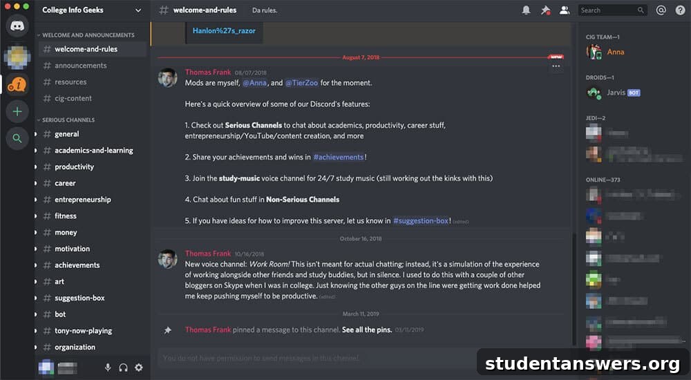 A view of the College Info Geek Discord server, an example of a community using the platform.