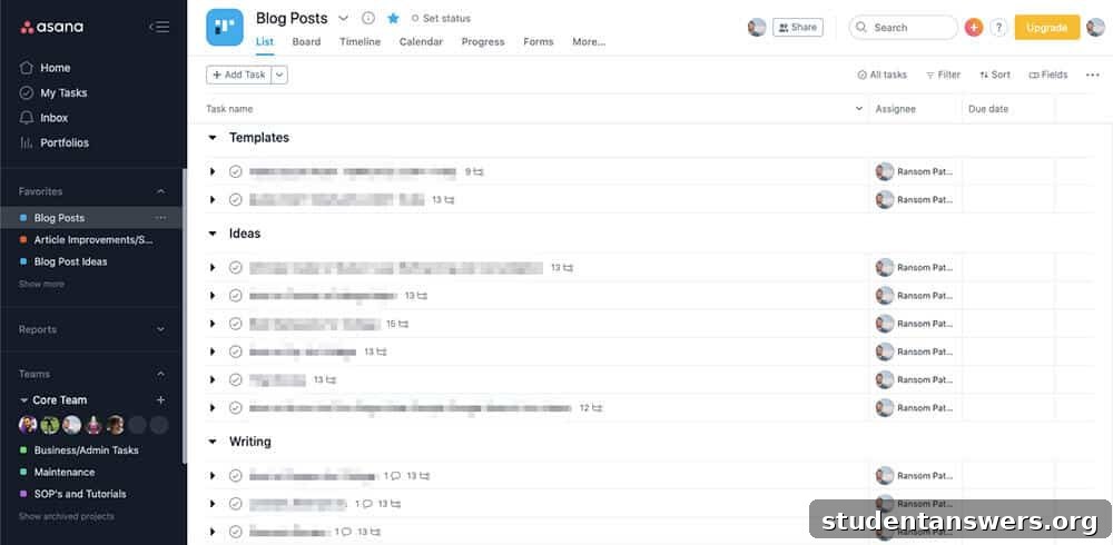 An Asana project dashboard showing tasks organized in a list view with assignees and due dates.
