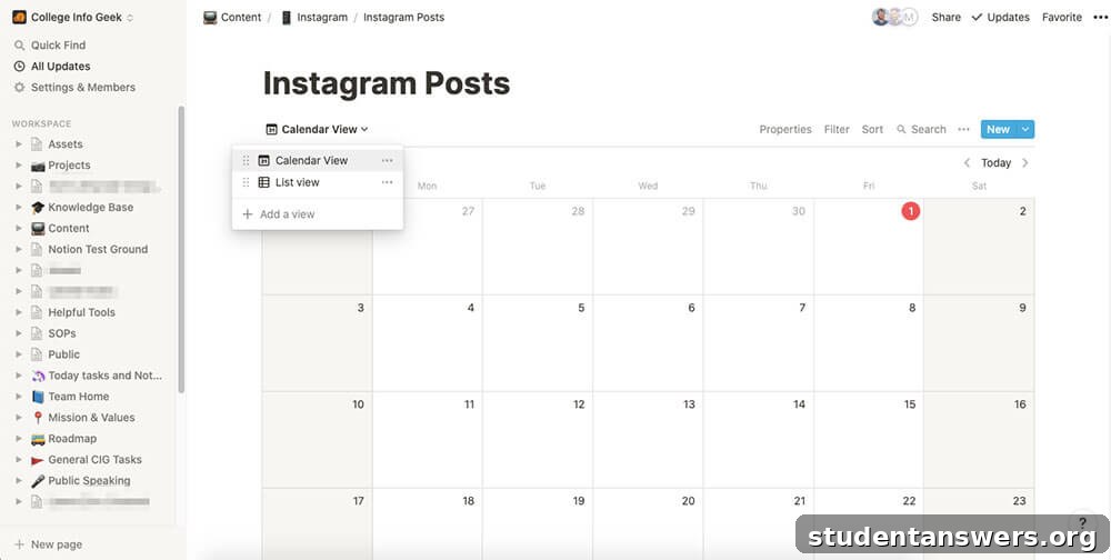 The Notion app showing a content calendar database with tasks displayed in a calendar view.