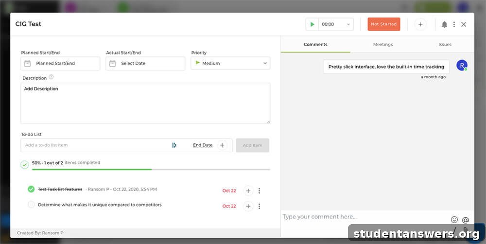 The nTask interface showing a detailed view of a single task with checklists and comments.