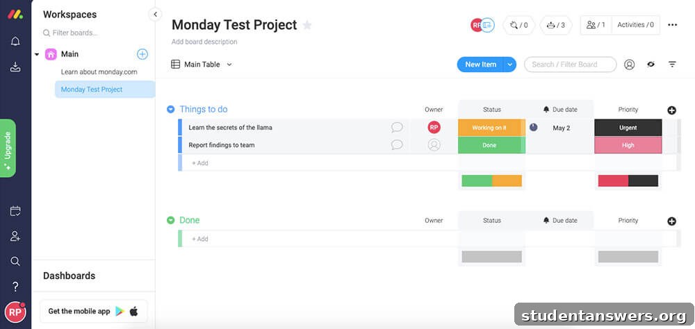 The Monday.com interface showing a colorful, table-based project board with various status columns.