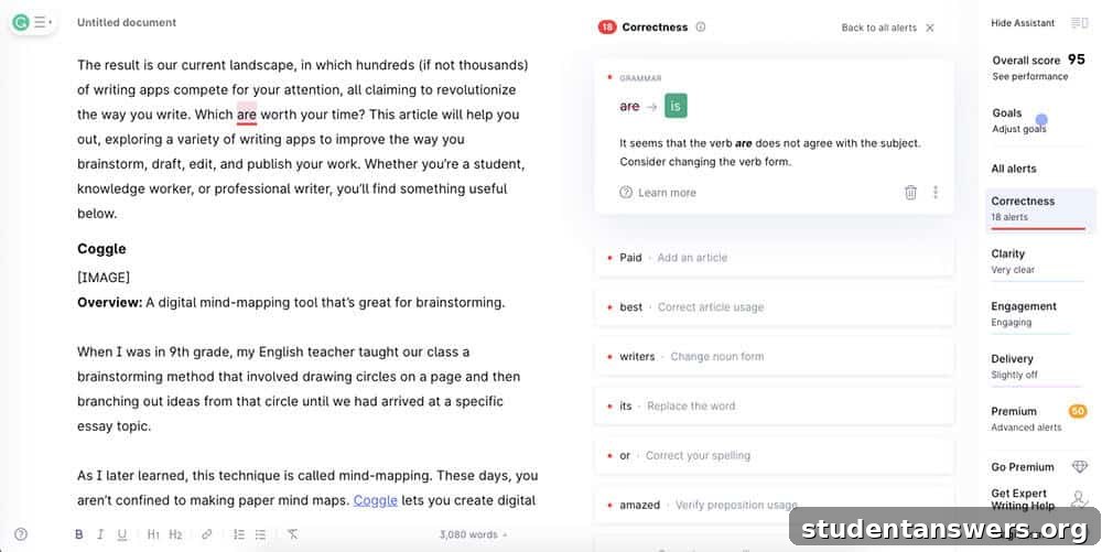 The Grammarly editor interface, highlighting grammar, spelling, and style errors in a piece of text.