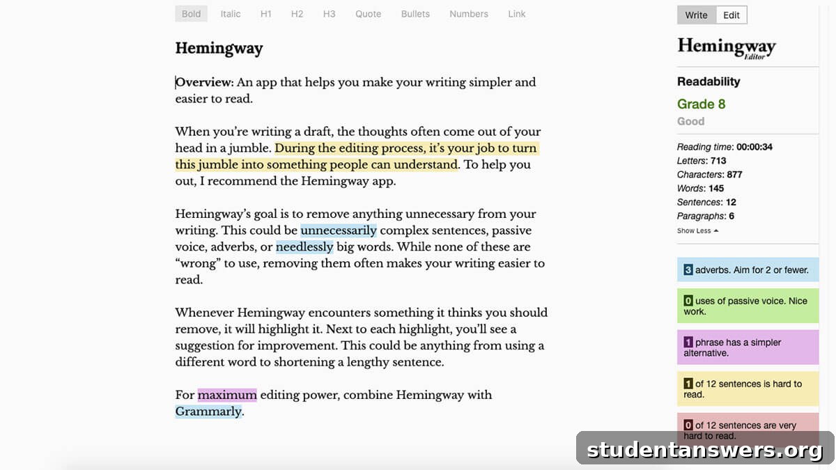 The Hemingway Editor interface highlighting sentences that are hard to read, use passive voice, or have simpler alternatives.