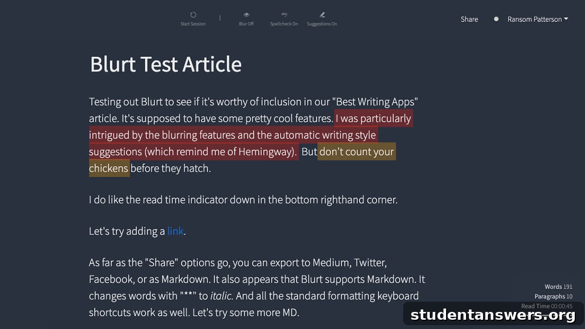 The Blurt app's writing interface, which includes features for setting goals and tracking sessions.