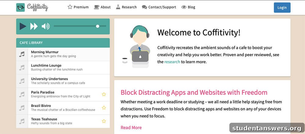 The simple interface of the Coffitivity app, allowing the user to select and play ambient coffee shop sounds.