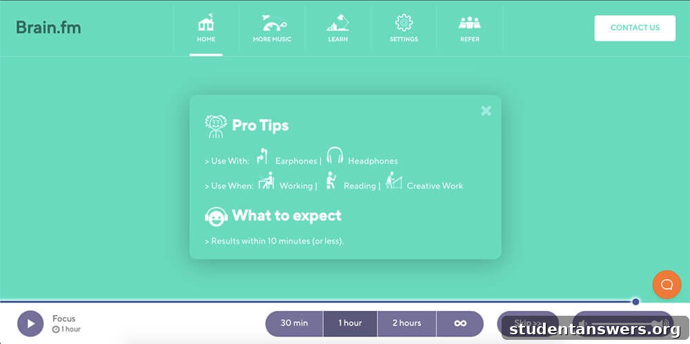 The Brain.fm app interface, with controls to select a focus session and duration.