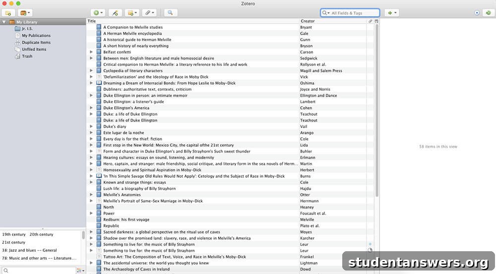 The Zotero reference manager app interface, displaying a library of organized academic sources.