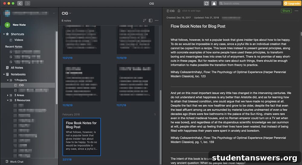 The user interface of the Evernote app, showing a list of notes and an open note for editing.
