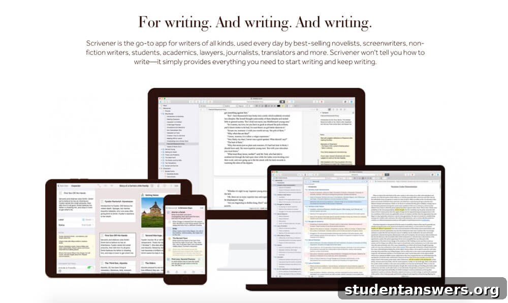 A screenshot of the Scrivener app's sales page, showcasing its organizational features for writers.