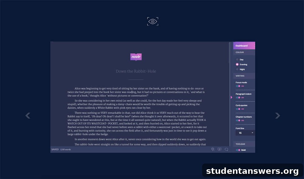 The clean, focused writing interface of the Novlr app, designed for novelists.
