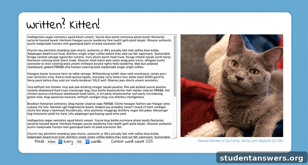 The playful interface of Written? Kitten! showing a text editor and a picture of a kitten as a reward.