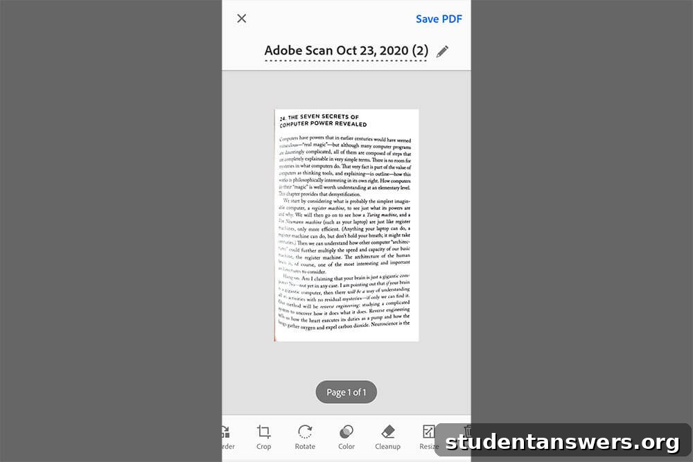 User interface of Adobe Scan showing a document being saved as a PDF file