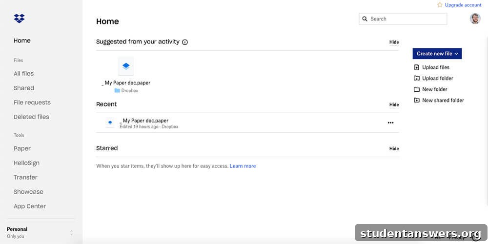 The clean and simple user interface of the Dropbox cloud storage application.