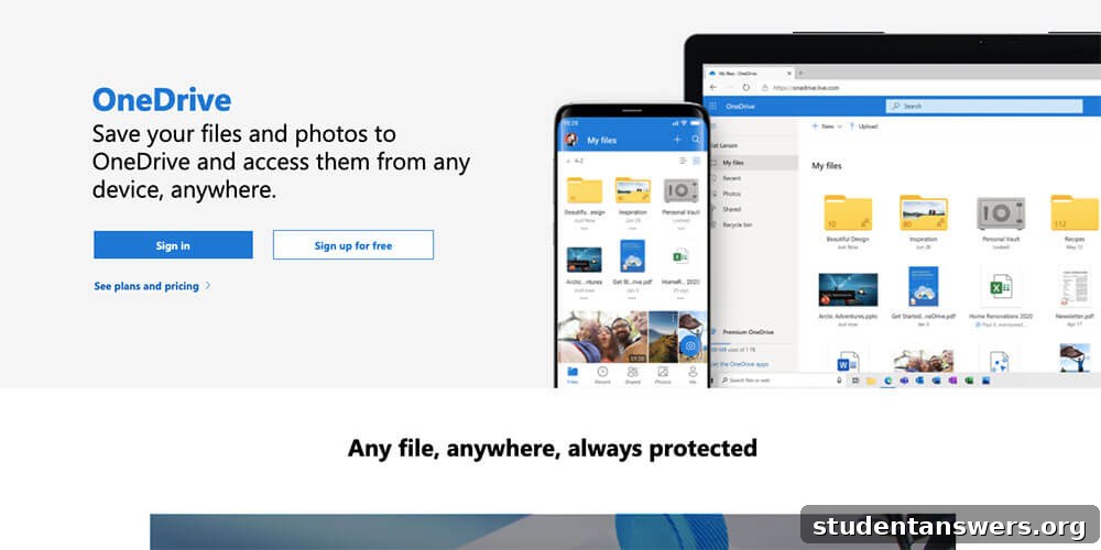 A promotional page for Microsoft OneDrive cloud storage, showing its features.