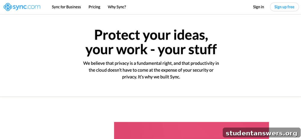 The homepage of Sync.com, highlighting its focus on secure and private cloud storage.