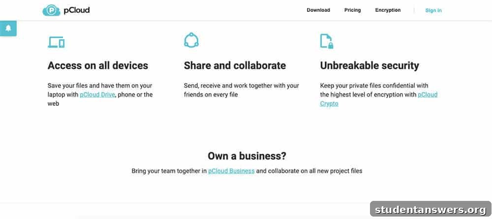 The features page for pCloud, showcasing its lifetime plan and media playback capabilities.