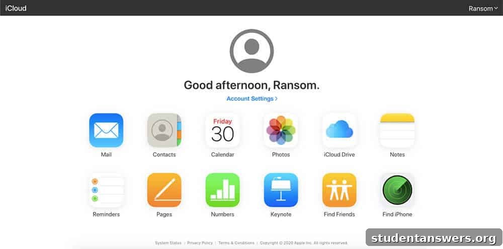 The home screen of the Apple iCloud app, showing various data types it can sync.