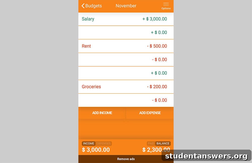 The simple interface of the Fudget app, listing income and expenses