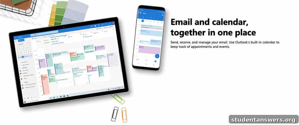 Microsoft Outlook app displayed on a tablet and a smartphone