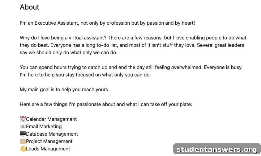 Example of a professional virtual assistant LinkedIn profile