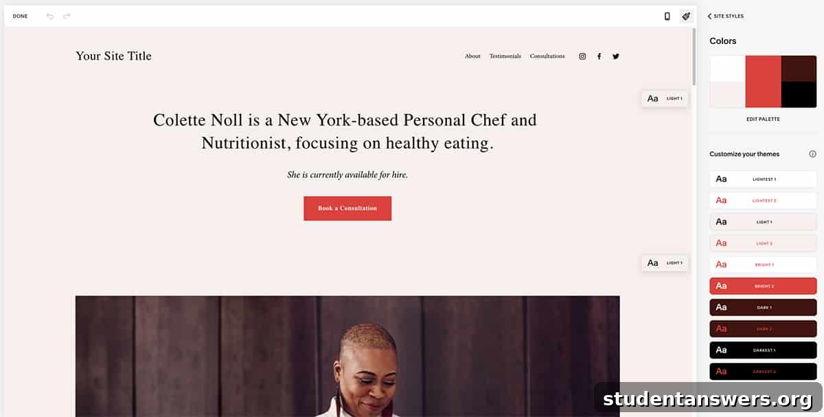 The intuitive Squarespace editor showing website color palette customization.