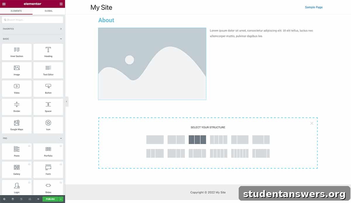 A user editing a webpage with the Elementor drag-and-drop interface within WordPress.